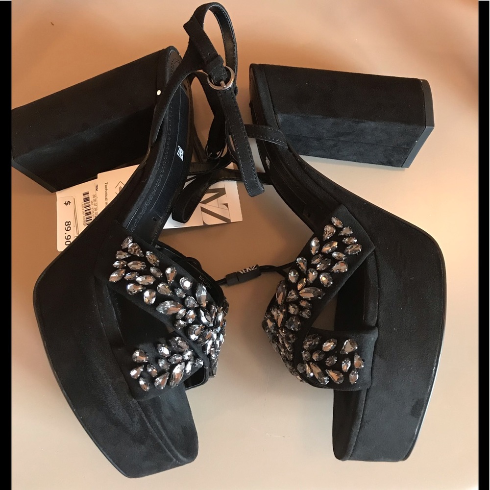 ZARA WOMEN’S BEJEWELED HIGH HEELED SANDALS BLACK